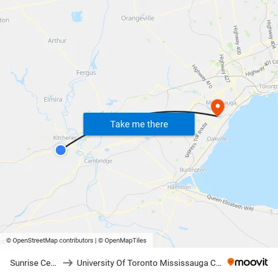 Sunrise Centre to University Of Toronto Mississauga Campus map
