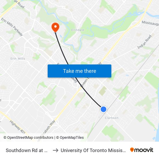 Southdown Rd at Hartland Dr to University Of Toronto Mississauga Campus map
