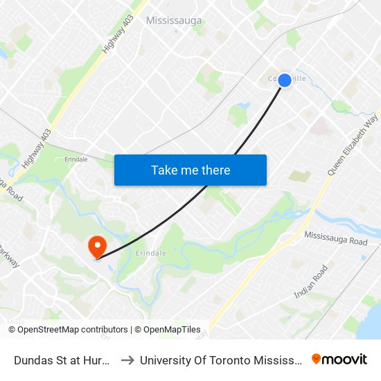 Dundas St at Hurontario St to University Of Toronto Mississauga Campus map