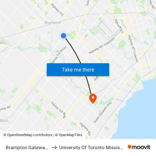 Brampton Gateway Terminal to University Of Toronto Mississauga Campus map