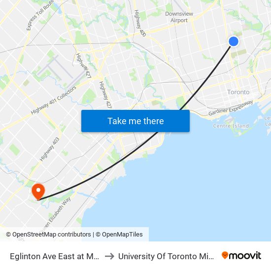 Eglinton Ave East at Mount Pleasant Rd to University Of Toronto Mississauga Campus map