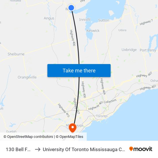 130 Bell Farm to University Of Toronto Mississauga Campus map