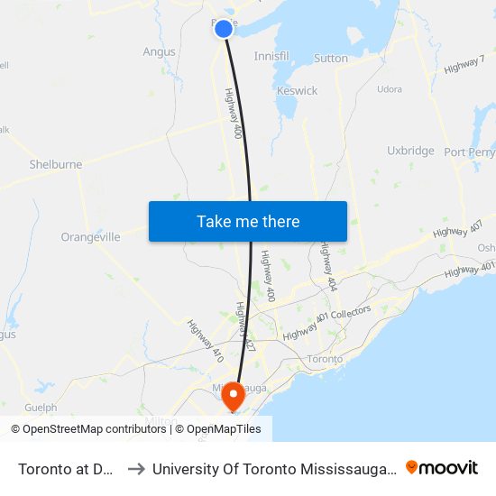 Toronto at Dunlop to University Of Toronto Mississauga Campus map