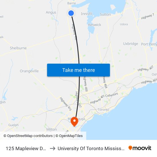 125 Mapleview Drive West to University Of Toronto Mississauga Campus map