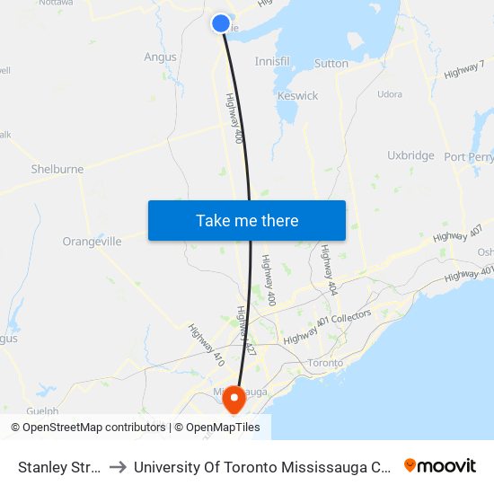 Stanley Street to University Of Toronto Mississauga Campus map