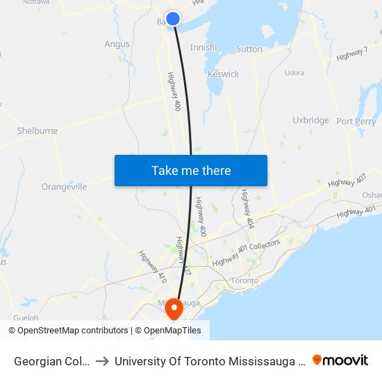 Georgian College to University Of Toronto Mississauga Campus map
