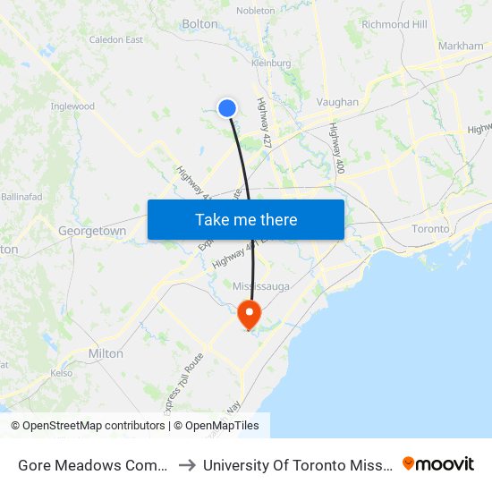 Gore Meadows Community Centre to University Of Toronto Mississauga Campus map