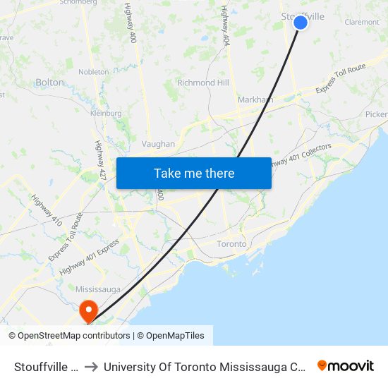 Stouffville Go to University Of Toronto Mississauga Campus map