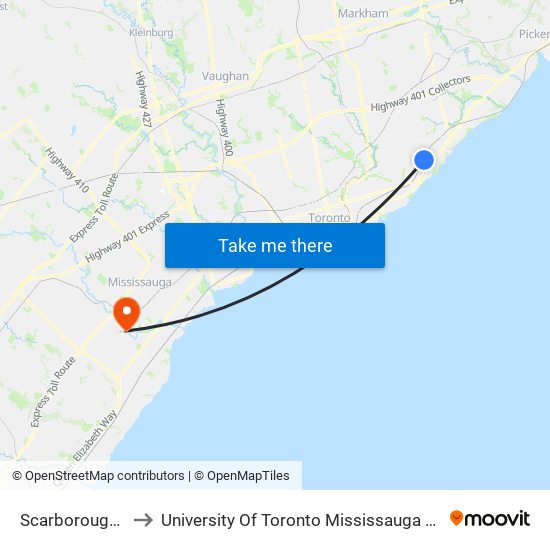 Scarborough Go to University Of Toronto Mississauga Campus map