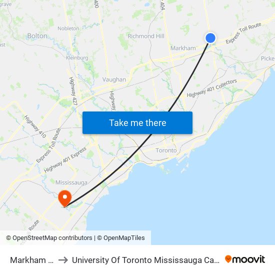 Markham Go to University Of Toronto Mississauga Campus map