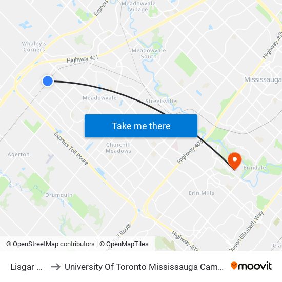 Lisgar Go to University Of Toronto Mississauga Campus map