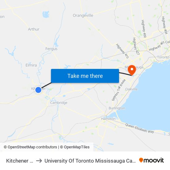 Kitchener Go to University Of Toronto Mississauga Campus map