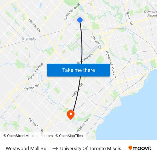 Westwood Mall Bus Terminal to University Of Toronto Mississauga Campus map