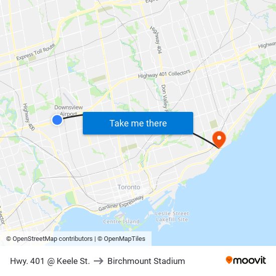 Hwy. 401 @ Keele St. to Birchmount Stadium map