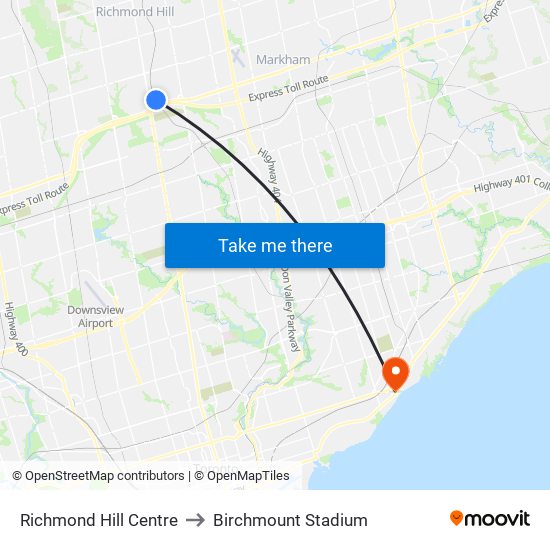 Richmond Hill Centre to Birchmount Stadium map