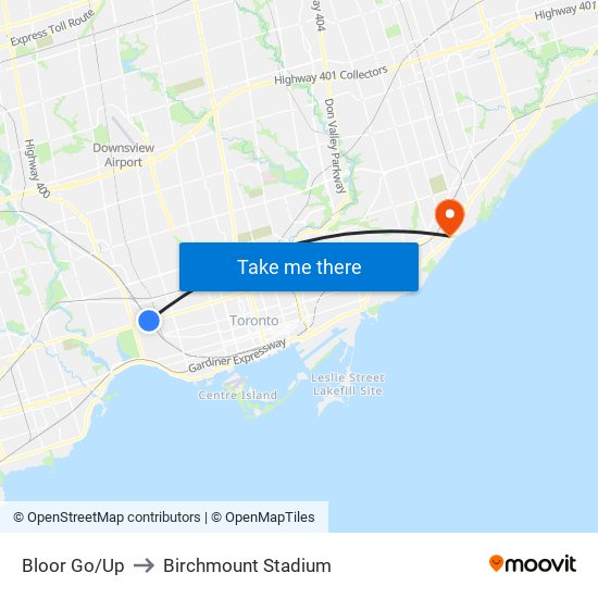 Bloor Go/Up to Birchmount Stadium map