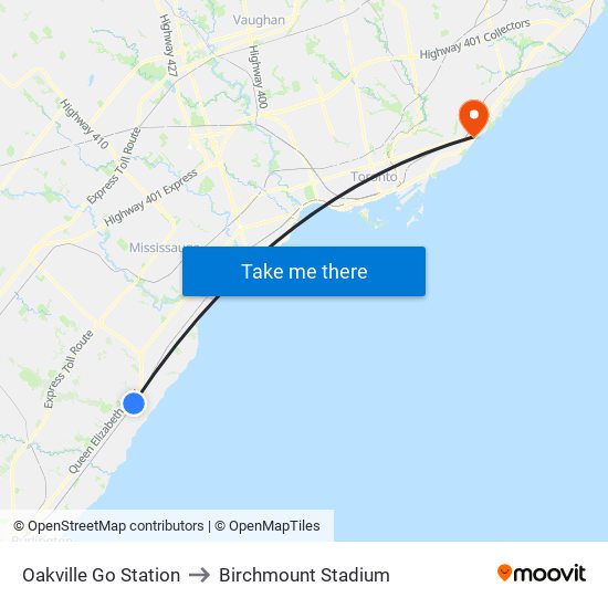 Oakville Go Station to Birchmount Stadium map