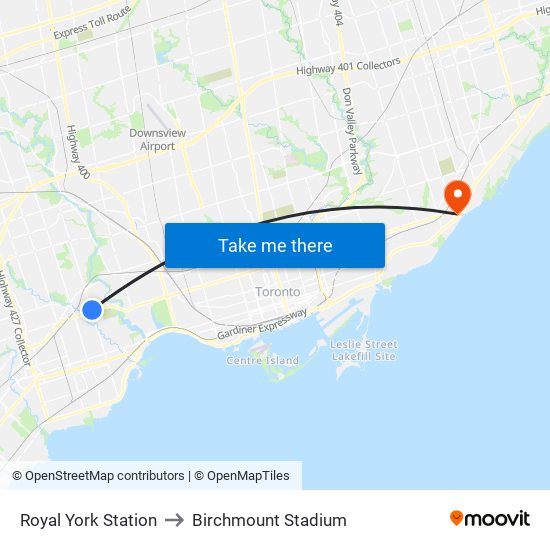 Royal York Station to Birchmount Stadium map