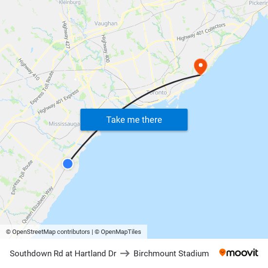 Southdown Rd at Hartland Dr to Birchmount Stadium map