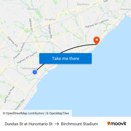 Dundas St at Hurontario St to Birchmount Stadium map