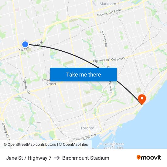 Jane St / Highway 7 to Birchmount Stadium map