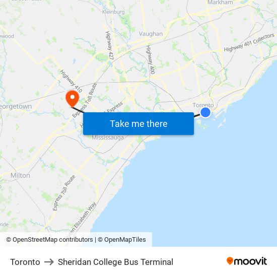 Toronto to Sheridan College Bus Terminal map