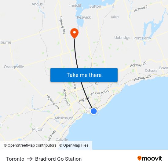 Toronto to Bradford Go Station map