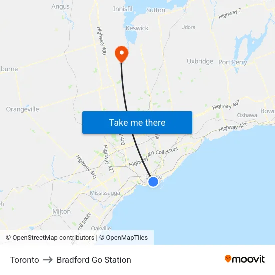 Toronto to Bradford Go Station map