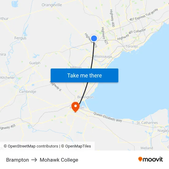 Brampton to Mohawk College map