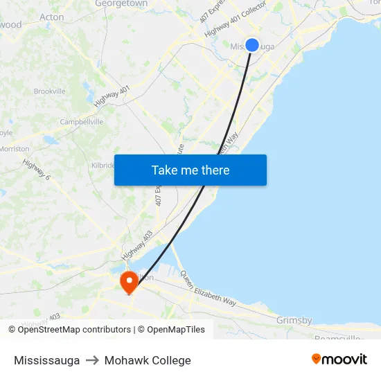Mississauga to Mohawk College map