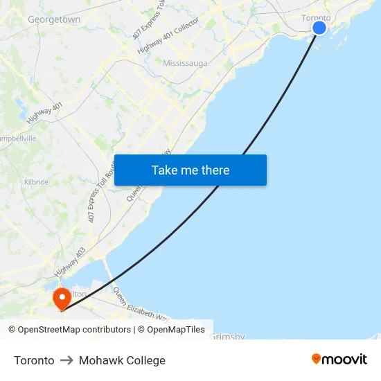 Toronto to Mohawk College map