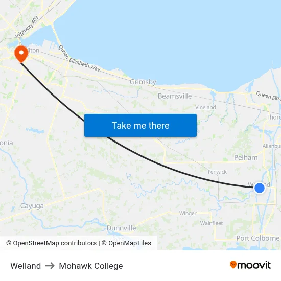Welland to Mohawk College map