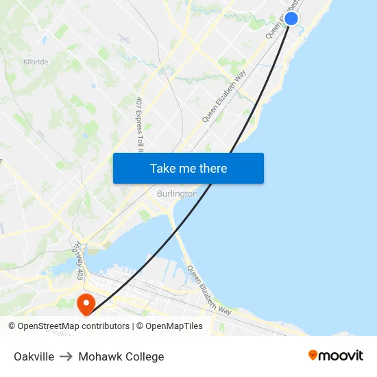 Oakville to Mohawk College map