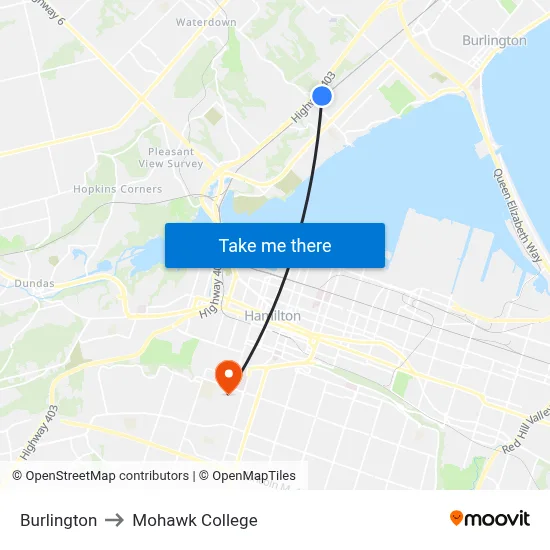 Burlington to Mohawk College map