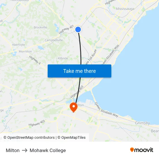 Milton to Mohawk College map