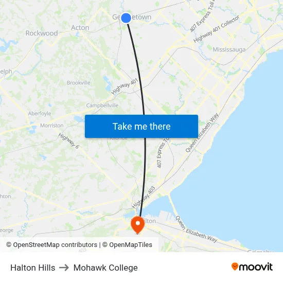 Halton Hills to Mohawk College map