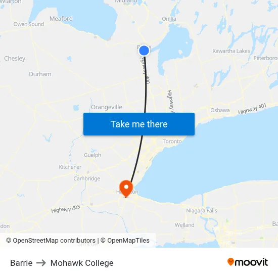 Barrie to Mohawk College map