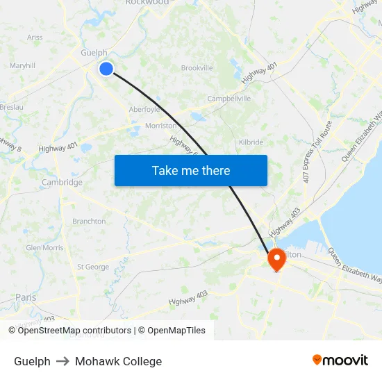 Guelph to Mohawk College map