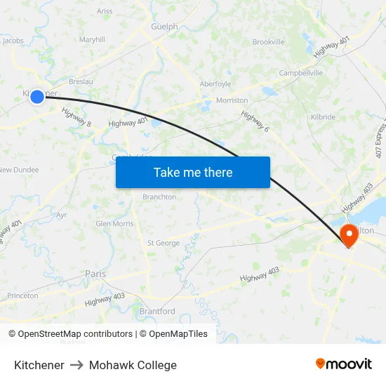 Kitchener to Mohawk College map