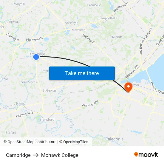 Cambridge to Mohawk College map