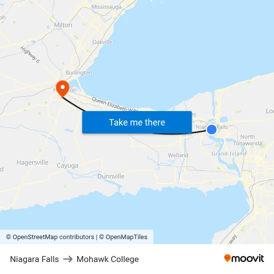 Niagara Falls to Mohawk College map