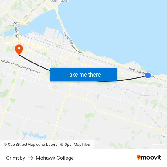 Grimsby to Mohawk College map