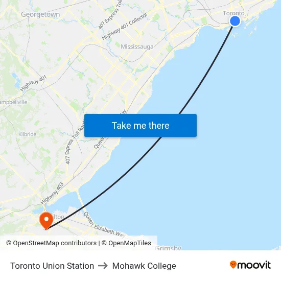 Toronto Union Station to Mohawk College map