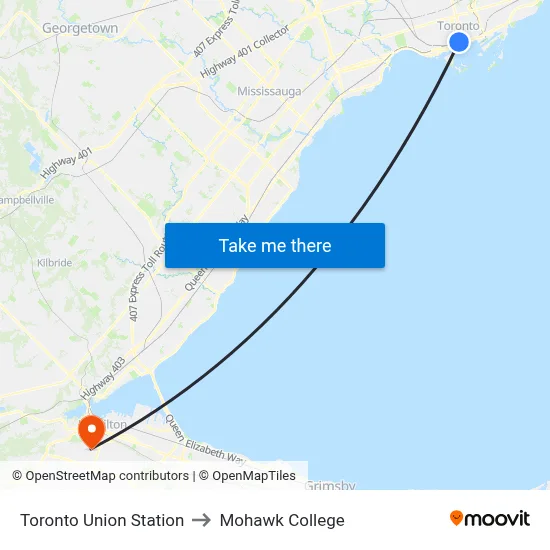 Toronto Union Station to Mohawk College map