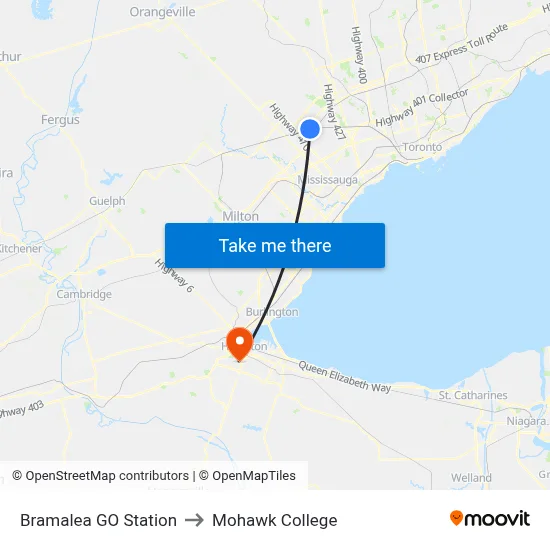 Bramalea GO Station to Mohawk College map