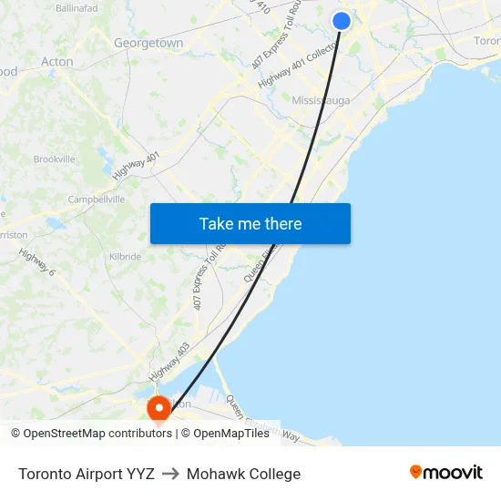 Toronto Airport YYZ to Mohawk College map