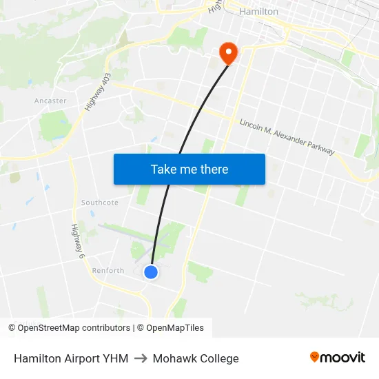 Hamilton Airport YHM to Mohawk College map