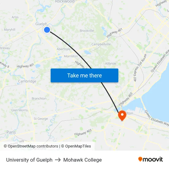 University of Guelph to Mohawk College map