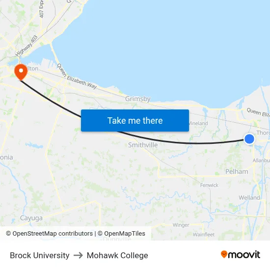 Brock University to Mohawk College map
