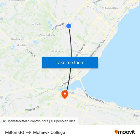 Milton GO to Mohawk College map